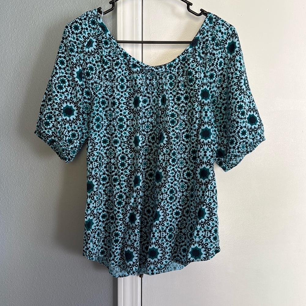 Lucky Brand Top pin tuck elastic cuff sleeve teal size large